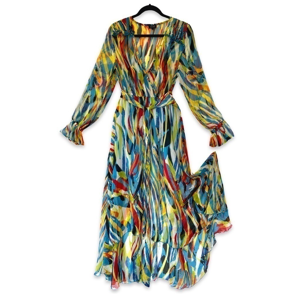 Multi-Color Printed Long Sleeve Wrap Maxi Dress